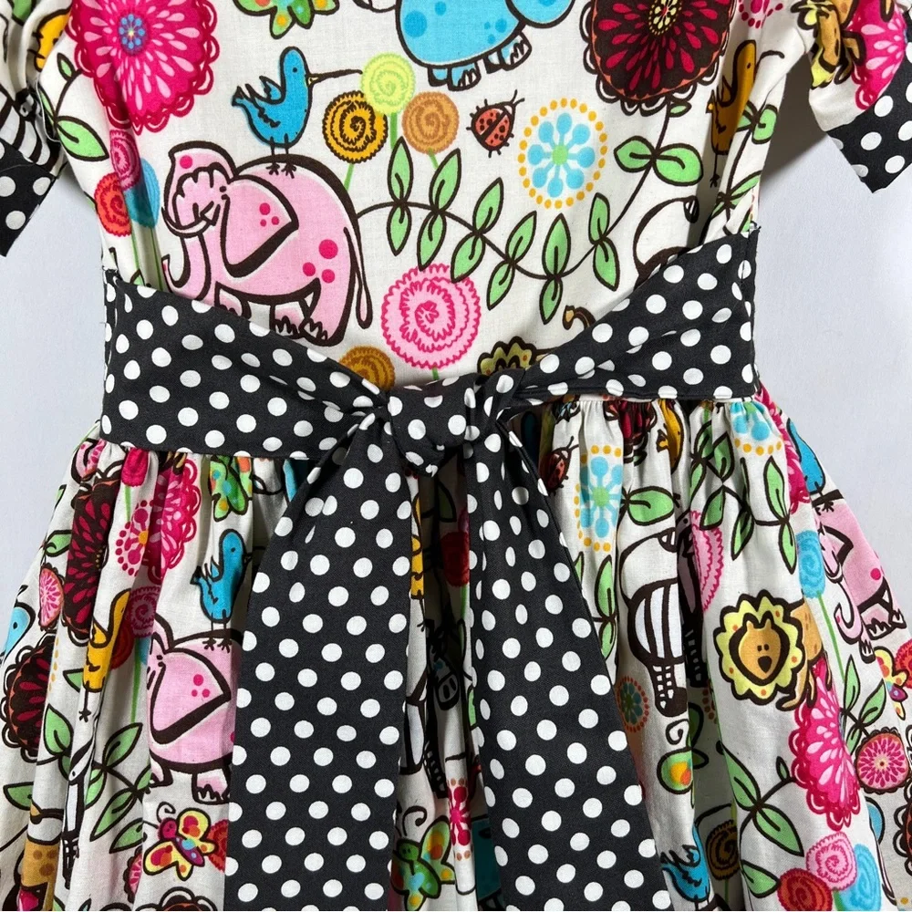 Dress Girls Size 5 Jungle Cotton Print Black White Polka Dots 90” Full Skirt